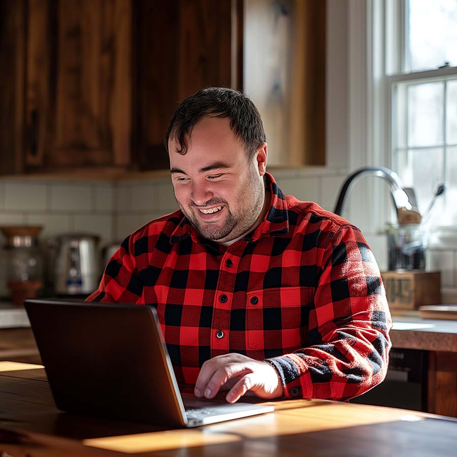 man with down syndrome reading on a laptop